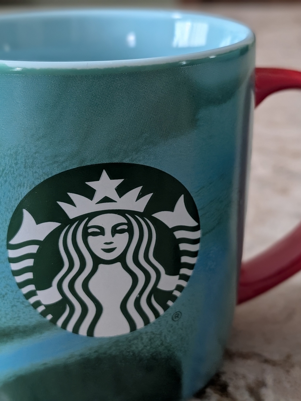 Starbucks Set Of 2 Teal Ceramic Holiday Mugs with Red Handle